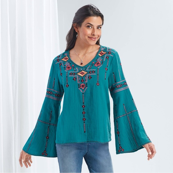 The Pyramid Collection Tops - The Pyramid Collection Teal Embroidered Top Size 3X